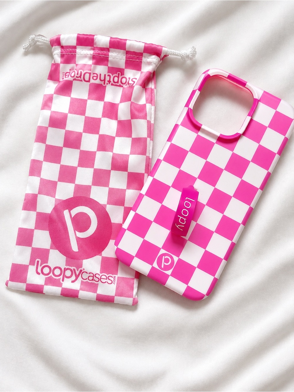 Loopy Case Pink and White Checkered Phone Case with Grip iPhone 15pro max